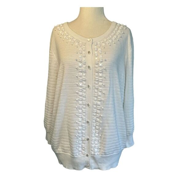 Talbots Beaded Cardigan Sweater White Ribbed Knit Button Front Long Sleeve XL - Picture 1 of 5